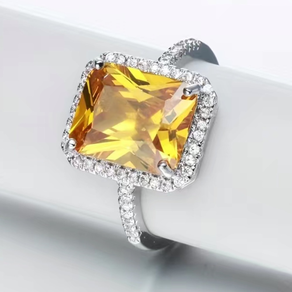 Sterling Silver Beautiful Elegant Vintage Yellow Rectangle Stone Silver 925 Ring